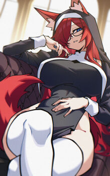 1girl absurdres animal_ears blue_eyes borrowed_character breasts commission crossed_legs dryegen fox_ears fox_girl fox_tail glasses highres large_breasts long_hair looking_at_viewer nun original parted_lips red_hair sitting tail thighhighs white_thighhighs