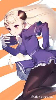 1girl akisa_yositake ass_peek book bow breasts brown_pantyhose capcom_fighting_jam gloves hairpods holding holding_book ingrid_(capcom) leaning_forward long_hair miniskirt pantyhose red_eyes skirt smile solo white_gloves white_hair