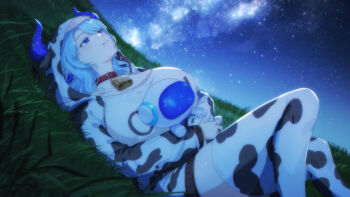 1girl absurdres animal_collar animal_ears animal_print astro_(miilkywayz) bell blue_eyes blue_hair breasts collar cow_ears cow_girl cow_horns cow_print cow_print_jacket cow_print_thighhighs cowbell grass highres holding hood hooded_jacket horns indie_virtual_youtuber jacket lying miilkywayz multicolored_jacket on_back outdoors oyun_orka print_jacket print_thighhighs red_collar second-party_source sky sparkling_eyes star_(sky) starry_sky thighhighs two-tone_jacket two-tone_thighhighs virtual_youtuber