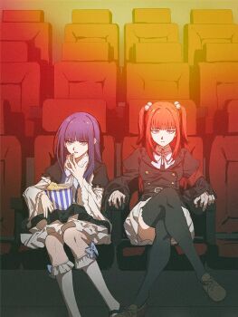 2girls armband blue_eyes blue_hair blunt_bangs bow dress eating food frederica_bernkastel frills hair_bobbles hair_ornament jacket long_hair movie_theater multiple_girls nasu_(nasuotabe) popcorn purple_eyes red_hair sitting skirt theater thighhighs twintails two_side_up umineko_no_naku_koro_ni ushiromiya_ange