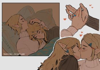 Rule 34 | 1boy, 1girl, absurdres, artist name, bed, black sweater, blonde hair, braid, closed eyes, couple, crown braid, earrings, english text, hair ornament, hairclip, hand grab, hand on another's head, hashtag-only commentary, head on pillow, heart, hetero, highres, jewelry, kiss, link, long hair, medium hair, nintendo, on bed, pillow, pointy ears, princess zelda, pyonteo, ring, scar, sidelocks, simple background, sleeping, sleeping on person, sweater, the legend of zelda, the legend of zelda: breath of the wild, the legend of zelda: tears of the kingdom, turtleneck, under covers, upper body, wedding ring, white background, white sweater