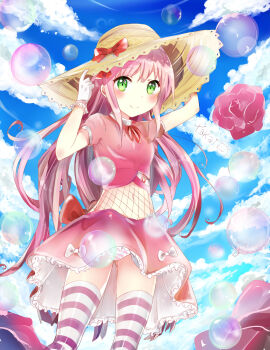 1girl absurdres artist_name blue_sky bow bubble dress_bow female_focus from_below green_eyes hat highres long_hair original panties pantyshot pink_hair pink_thighhighs sky smile solo standing striped_clothes striped_panties striped_thighhighs sun_hat tagme takai_seika thighhighs underwear very_long_hair white_thighhighs
