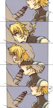 1boy 1girl action_taimanin blonde_hair blue_eyes bodysuit breasts bright_pupils censored cheek_bulge closed_eyes deepthroat embarrassed eyebrows fellatio forced hetero highres igawa_sakura irrumatio nude oral saliva saliva_trail sequential short_hair taimanin_(series) taimanin_asagi taimanin_rpgx tongue tongue_out white_pupils wrato