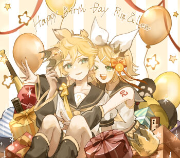 Rule 34 | 1boy, 1girl, balloon, birthday, black boots, blonde hair, boots, commentary request, detached sleeves, gift, green eyes, hair between eyes, highres, kagamine len, kagamine rin, ktori, one eye closed, open mouth, shirt, short hair, smile, star (symbol), vocaloid, white shirt, yellow background