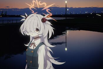 1girl blue_archive brown_eyes collared_shirt commentary_request dress grey_dress hair_over_one_eye halo highres kanoe_(blue_archive) long_hair looking_at_viewer nkymyura ocean open_mouth orange_halo scenery shirt skyline solo two_side_up white_hair white_shirt