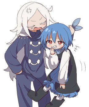 2girls anger_vein blue_hair blush child deltarune genderswap genderswap_(mtf) grin highres humanization lancer_(deltarune) magg_(user_mtca8588) multiple_girls open_mouth red_eyes rouxls_kaard sharp_teeth smile teeth utdr_(toby_fox) white_hair