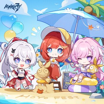 3girls ;) ahoge beach beach_umbrella bikini black_skirt blue_eyes blue_sky chibi chibi_only coconut coconut_tree commentary copyright_logo crab diamond-shaped_pupils diamond_(shape) elf elysia_(herrscher_of_human:_ego)_(honkai_impact) elysia_(honkai_impact) english_commentary homu_(honkai_impact) honkai_(series) honkai_impact_3rd innertube kiana_kaslana logo long_hair multiple_girls official_alternate_costume official_art one_eye_closed orange_pants palm_tree pants pink_hair pink_pupils pointy_ears ponytail purple_eyes purple_sarong red_hair sand sand_sculpture sarong senadina skirt sky smile striped_innertube swim_ring swimsuit symbol-shaped_pupils tank_top tree umbrella very_long_hair white_bikini white_hair white_tank_top