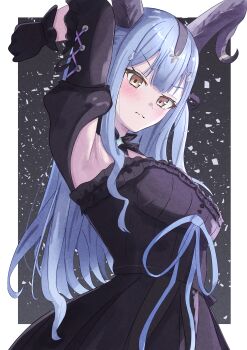 Rule 34 | 1girl, absurdres, arknights, armpit cutout, armpits, arms up, azakura (beniyomogi), bang dream!, bang dream! it's mygo!!!!!, black gloves, black hair, blue hair, blush, border, breasts, clothing cutout, commentary request, gloves, highres, horns, long hair, looking at viewer, medium breasts, outside border, presenting armpit, solo, togawa sakiko, togawa sakiko (master of melodia), white border, yellow eyes