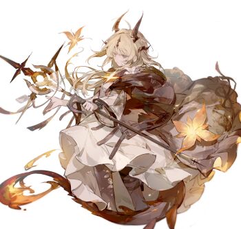 1girl arknights belt belt_buckle belt_collar black_belt black_horns black_jacket black_ribbon blonde_hair buckle chinese_commentary closed_mouth collar commentary_request cropped_legs demon_horns dress dress_flower dress_ribbon extra_horns fire floral_print flower frilled_dress frills green_eyes grey_pantyhose hair_ornament highres holding holding_staff hood hood_down hooded_jacket horns infection_monitor_(arknights) jacket koiliblikas layered_sleeves light_smile lily_(flower) long_dress long_hair long_sleeves multiple_belts open_belt open_clothes open_jacket orange_flower outstretched_hand pantyhose pyrokinesis reed_(arknights) reed_the_flame_shadow_(arknights) ribbon see-through_clothes see-through_sleeves short_over_long_sleeves short_sleeves simple_background solo staff studded_belt tail thigh_belt thigh_strap white_background white_dress white_flower wide_sleeves