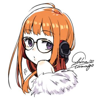 Rule 34 | 10s, 1girl, :o, artist name, bare shoulders, female focus, glasses, headphones, highres, long hair, looking at viewer, nagase kizuna, orange hair, persona, persona 5, purple eyes, sakura futaba, shin megami tensei, shirt, solo, upper body, white background