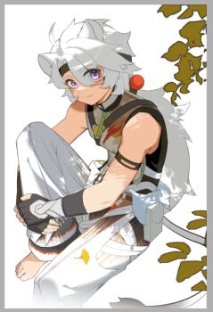 1boy ahoge animal_ears barefoot closed_mouth commentary english_commentary lingyang_(wuthering_waves) lion_ears lion_tail looking_at_viewer luosaihuer male_focus pants ponytail shirt sitting sleeveless smile tail white_hair white_pants white_shirt wuthering_waves