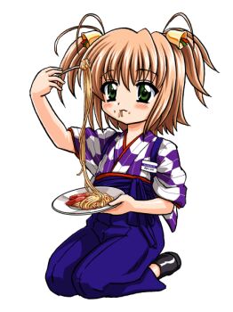 Rule 34 | 1girl, arm up, bandabekken, bashamichi, bell, black shoes, blue hakama, brown hair, eating, food, food in mouth, food on face, fork, full body, green eyes, hair bell, hair ornament, hakama, hakama pants, holding, holding fork, holding plate, japanese clothes, kimono, name tag, nanami to konomi no oshiete abc, nishimura konomi, pants, pasta, plate, purple kimono, seiza, shoes, simple background, sitting, solo, spaghetti, two side up, waitress, white background, yagasuri