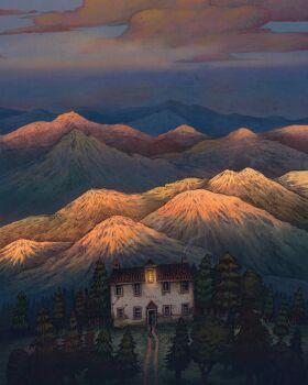 building chimney cloud door francisco_fonseca grass highres hotel mountain no_humans original path pine_tree road rooftop smoke tree window window_light