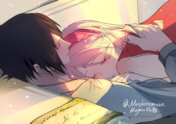 1boy 1girl black_hair boruto:_naruto_next_generations closed_eyes closed_mouth couch dress grey_shirt hairband hand_on_another&#039;s_back haruno_sakura hug lying lying_on_person mushroomuaa naruto_(series) on_couch pink_hair red_dress red_hairband shirt short_hair sleeping uchiha_sasuke upper_body