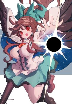 1girl arm_cannon bird_girl bird_wings black_hole black_trim blue_cape bow breasts brown_hair brown_shoes cape commentary_request floating_hair frilled_skirt frills green_background green_bow green_skirt green_trim hair_bow highres large_breasts long_hair open_mouth outstretched_arm partial_commentary red_eyes reiuji_utsuho ryouryou shirt shoes skirt slit_pupils smile solo space_print starry_sky_print teeth third_eye touhou two-sided_cape two-sided_fabric upper_teeth_only weapon white_background white_cape white_shirt wings