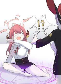 !? aru_(blue_archive) black_skirt blue_archive blush coat demon_horns eri_(blue_archive) halo hat highres horns jacket long_hair long_sleeves open_mouth pink_hair ribbon shikitsuki skirt summoning tagme white_hair witch_hat