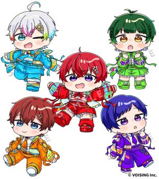 +_+ 5boys :d :o ;d blue_eyes blue_hair blue_jacket blue_pants blue_shoes blush_stickers bow brown_eyes brown_hair center_frills chibi clenched_hands closed_mouth coe._(starlight_polaris) commentary_request frills green_bow green_hair green_jacket green_shoes green_shorts grey_hair hair_between_eyes hands_up jacket kisaragi_you_(starlight_polaris) kottaro_(starlight_polaris) kuni_(starlight_polaris) long_sleeves male_focus mochimiko multicolored_hair multiple_boys necktie official_art one_eye_closed open_clothes open_jacket open_mouth orange_jacket orange_pants orange_shoes pants puffy_long_sleeves puffy_sleeves purple_eyes purple_hair purple_jacket purple_necktie purple_pants purple_shoes red_bow red_hair red_jacket red_shoes red_shorts relu_(starlight_polaris) sample_watermark shirt shoes shorts simple_background sleeves_past_wrists smile star_(symbol) starlight_polaris streaked_hair v-shaped_eyebrows watermark white_background white_shirt