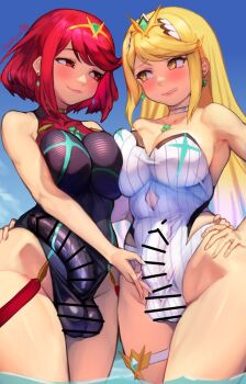 2futa bar_censor bare_shoulders black_one-piece_swimsuit blonde_hair blush breasts censored cleavage covered_testicles cowboy_shot futa_with_futa futanari highres large_breasts long_hair multiple_futa mythra_(radiant_beach)_(xenoblade) mythra_(xenoblade) one-piece_swimsuit pointless_censoring pyra_(pro_swimmer)_(xenoblade) pyra_(xenoblade) r123 red_eyes red_hair short_hair skin_tight strapless strapless_one-piece_swimsuit swimsuit testicles white_one-piece_swimsuit xenoblade_chronicles_(series) xenoblade_chronicles_2 yellow_eyes