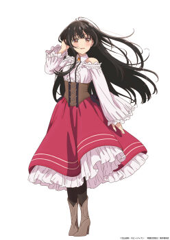 1girl anime_coloring ankle_boots ayase_miharu black_hair black_pantyhose blush boots breasts brown_corset brown_eyes commentary_request corset dress hand_in_own_hair high_heel_boots high_heels highres layered_dress long_dress long_hair looking_at_viewer off-shoulder_dress off_shoulder official_art pantyhose red_skirt seirei_gensouki shirt skirt smile solo very_long_hair white_background white_shirt yufu_kyouko