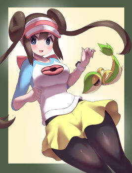 1girl black_pantyhose blue_eyes blush bow brown_hair donut_hair_bun eyelashes gen_5_pokemon hair_bun half-closed_eyes hana_chokorin hands_up long_hair nintendo open_mouth pantyhose pink_bow poke_ball_print pokemon pokemon_bw2 raglan_sleeves red_eyes rosa_(pokemon) shirt shorts sidelocks snivy square twintails very_long_hair visor_cap yellow_shorts