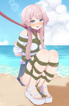 1girl absurdres arms_behind_back ass bang_dream! bang_dream!_it's_mygo!!!!! bare_shoulders bdsm beach blue_eyes blue_skirt blue_sky blush bondage bound bound_arms bound_breasts bound_legs bound_toes bound_torso braid breast_bondage breasts chihaya_anon clenched_hand cloud collar commission crotch_rope crouching crown_braid fang female_focus full_body hamuta_(machosbrown) highres leash long_hair long_sleeves medium_breasts medium_hair nervous nervous_smile nervous_sweating ocean off-shoulder_shirt off_shoulder open_mouth outdoors panties pink_hair rope shibari shibari_over_clothes shirt shoes short_hair_with_long_locks sidelocks skeb_commission skin_tight skindentation skirt sky slave smile solo sweat teeth toes tongue underwear upskirt water white_panties white_shirt white_shoes