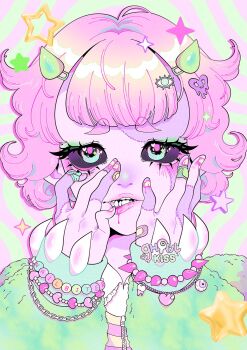 1girl abstract_background artist_logo bandaid bandaid_on_finger bandaid_on_hand bead_bracelet beads black_sclera blood blood_from_mouth blood_on_hands blunt_bangs blush bracelet collared_shirt color_contrast colored_sclera colored_skin curly_hair eye_hair_ornament eyeball_bracelet eyeshadow fake_claws fake_horns fluffy ghoulkiss green_background green_eyes green_eyeshadow green_horns green_jacket hair_ornament hands_on_own_face heart heart_bracelet heart_hair_ornament heart_in_eye highres horns jacket jewelry logo long_sleeves looking_at_viewer makeup multiple_bracelets open_mouth original pink_background pink_blood pink_hair pink_pupils pink_shirt purple_shirt purple_skin scene_fashion sharp_teeth shirt short_hair sleeves_past_wrists solo sparkle sparkling_eyes star_(symbol) stitched_face stitched_hand stitches striped_clothes striped_shirt symbol_in_eye teeth white_shirt yellow_nails zipper