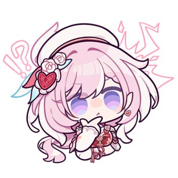 !? 1girl beret chibi chibi_only commentary earrings elf elysia_(hi_love_elf)_(honkai_impact) elysia_(honkai_impact) english_commentary hat heart heart_earrings honkai_(series) honkai_impact_3rd jewelry long_hair multicolored_hair official_art pink_hair pointy_ears purple_eyes solo transparent_background two-tone_hair very_long_hair white_hair