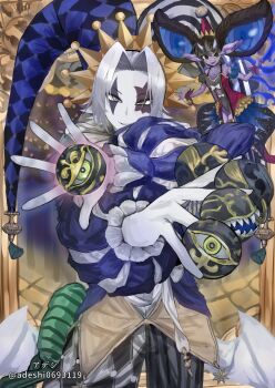 absurdres adeshi_(adeshi0693119) black_pants blue_jacket character_request clown clown_crew_biancaviso colored_skin commentary_request cowboy_shot duel_monster facial_mark grey_hair grey_skin hat highres jacket jester_cap pants puffy_sleeves solo_focus yu-gi-oh!