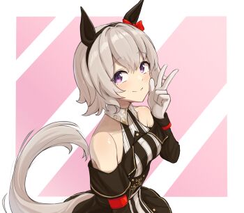 Rule 34 | 1girl, animal ears, bare shoulders, black hairband, blush, bow, breasts, closed mouth, coat, commentary, curren chan (fille eclair) (umamusume), curren chan (umamusume), dress, ear bow, ear covers, english commentary, gloves, grey hair, hairband, highres, horse ears, horse girl, horse tail, long sleeves, looking at viewer, medium breasts, off-shoulder coat, off-shoulder dress, off-shoulder jacket, off shoulder, purple eyes, red bow, short hair, smile, solo, striped clothes, striped dress, tail, telomere, umamusume, vertical-striped clothes, vertical-striped dress, white gloves