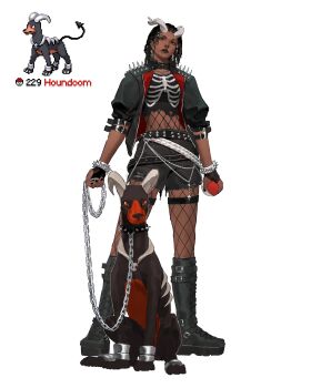 1girl absurdres animal_collar arm_belt black_hair black_jacket black_leotard black_shirt black_shoes bracelet breasts chain chain_leash collar commentary creature_and_personification dark-skinned_female dark_skin dreadlocks earrings face_piercing fishnet_thighhighs fishnets full_body gen_2_pokemon highres holding holding_leash holding_poke_ball horns houndoom jacket jewelry leash leotard midriff nintendo nose_piercing personification piercing poke_ball pokemon pokemon_(creature) punk reference_inset shirt shoes shoulder_spikes simple_background skeleton_print spiked_belt spiked_bracelet spiked_collar spikes standing thighhighs umber white_background