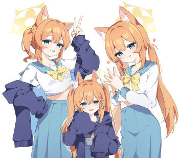 Rule 34 | 1girl, :q, @ @, animal ear fluff, animal ears, blue archive, blue eyes, blue jacket, blue sailor collar, blue skirt, bow, cat ears, cat girl, chaum, commentary request, hair between eyes, heart, highres, jacket, long hair, long sleeves, looking at viewer, mari (blue archive), midriff peek, multiple views, orange hair, sailor collar, shirt, simple background, skirt, smile, steepled fingers, tongue, tongue out, twintails, v, white background, white shirt, yellow bow