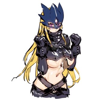 1girl beelstarmon belt black_belt black_coat black_gloves black_pants black_vest blonde_hair blue_mask blush breasts clenched_hands coat commentary_request cowboy_shot cropped_vest cum cum_on_body cum_on_breasts cum_on_clothes cum_on_upper_body digimon digimon_(creature) disembodied_penis ejaculation_under_clothes eye_mask gloves groin guang_li_zi hair_between_eyes handsfree_paizuri highres large_breasts large_variant_set leather leather_pants long_hair looking_down mask navel paizuri pants penis purple_eyes sidelocks simple_background standing steam stomach sweat third_eye tight_clothes tight_pants twitter_username underboob variant_set veins veiny_penis vest white_background