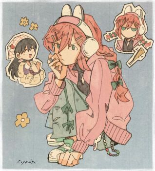 2girls animal_ear_headphones animal_ears artist_name aubrey_(birthday)_(omori) aubrey_(faraway)_(omori) aubrey_(omori) black_hair blue_bow blue_eyes blue_pants blush bow braid cardigan character_charm charm_(object) closed_eyes closed_mouth dabi000 denim double-parted_bangs fake_animal_ears forest_bunny?_(omori) full_body green_shoes hair_between_eyes hair_bow hair_ornament hairclip hand_on_own_cheek hand_on_own_face hand_up hashtag-only_commentary headphones headscarf highres jacket jeans knees_up long_hair long_sleeves low_twin_braids mari_(birthday)_(omori) mari_(faraway)_(omori) mari_(omori) multiple_girls no_mouth omori open_cardigan open_clothes open_mouth pants pink_cardigan pink_hair rabbit_ear_headphones rabbit_ears shoes sitting smile sneakers twin_braids white_headscarf white_jacket