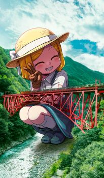 1girl :d blonde_hair blush bob_cut boots bridge brown_gloves buttons closed_eyes cloud commentary_request day dress fate/grand_order fate_(series) full_body game_cg giant giantess gloves green_boots green_dress grin hat official_art open_mouth outdoors paul_bunyan_(fate) photo_background pinafore_dress riyo_(lyomsnpmp) sharp_teeth shirt short_dress short_hair short_sleeves sleeveless sleeveless_dress smile socks solo squatting sun_hat teeth third-party_source train v white_shirt white_socks wing_collar