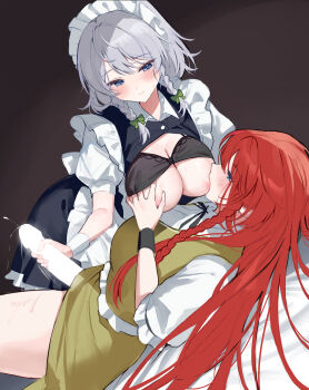 2girls absurdres apron black_bra black_skirt black_vest blank_censor blue_eyes blush bow bra bra_lift braid breast_sucking breasts breasts_out censored closed_mouth clothes_lift collared_shirt commentary cum ejaculation erection futa_with_female futanari grabbing_another's_breast green_bow green_skirt green_vest grey_hair groping hair_bow handjob highres hong_meiling izayoi_sakuya large_breasts long_hair maid maid_headdress missing_headwear multiple_girls neck_ribbon nipples nursing_handjob open_clothes open_vest penis puffy_short_sleeves puffy_sleeves red_hair ribbon sarukana shirt short_sleeves skirt touhou twin_braids underwear untranslatable_commentary very_long_hair vest waist_apron white_apron white_shirt
