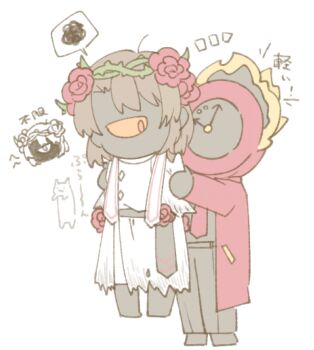 Rule 34 | 1boy, 1other, absurdres, alternate costume, angry, beard stubble, belt, black belt, black boots, black fire, black gloves, black sash, black shoes, boots, brown hair, buttons, capelet, cat, chibi, chibi only, clock, coat, collared shirt, colored sclera, constricted pupils, crown of thorns, cyclops, dante (limbus company), diamond (shape), diamond button, dress, e.g.o (project moon), facial hair, fire, flower, flower wreath, full body, garden of thorns (e.g.o), glasses, gloves, gregor (project moon), hair between eyes, hair flower, hair intakes, hair ornament, hair vines, hairband, half-closed eye, head wreath, height difference, highres, lifting person, lily26983455, limbus company, long hair, long sleeves, male bride, male focus, necktie, no mouth, notice lines, object head, official alternate costume, one-eyed, orange sclera, pants, pants under dress, parted bangs, plant, project moon, red coat, red eyes, red flower, red necktie, red pants, red rose, red strips, rose, sash, shaded face, shadow, shirt, shoes, shoulder sash, simple background, single eye, speech bubble, spoken squiggle, squiggle, standing, stubble, thorns, torn capelet, torn clothes, torn dress, turtleneck, turtleneck dress, vines, waist sash, white background, white buttons, white capelet, white dress, white pants, white sash, wreath, yellow fire