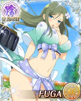 1girl :o arm_up armor blue_eyes border breasts card_(medium) character_name cleavage cosplay english_text floral_print floral_print_kimono flower_hairtie fuga_(senran_kagura) game_cg green_hair green_kimono japanese_armor japanese_clothes kimono kiss large_breasts leaf leaning_forward long_hair looking_at_viewer low_neckline midriff mole mole_under_eye official_alternate_costume official_art outdoors panties pantyshot power_fist print_kimono pulling_another&#039;s_clothes pushing_down senran_kagura senran_kagura_new_wave solo surprise_kiss surprised swept_bangs underwear white_panties yozakura_(senran_kagura) yozakura_(senran_kagura)_(cosplay)