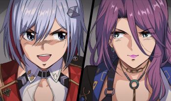 1980s_(style) 2girls absurdres asymmetrical_bangs black_jacket blue_eyes collared_shirt commentary curtained_hair earrings grey_hair hair_between_eyes hair_ornament highres honkai:_star_rail honkai_(series) jacket jade_(honkai:_star_rail) jewelry lipstick long_hair looking_at_another looking_to_the_side makeup multicolored_hair multiple_girls o-ring oldschool open_mouth parody parted_bangs portrait purple_hair purple_lips red_hair red_jacket retro_artstyle scene_reference shirt short_hair smile split_screen streaked_hair style_parody top_wo_nerae! top_wo_nerae!_(series) topaz_(honkai:_star_rail) two-tone_hair v-shaped_eyebrows white_shirt wing_collar yumegiwa_(skgl_thx)