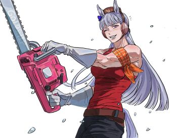 Rule 34 | 1girl, ammi (mayflyaa), animal ears, bandana, bandana around arm, bare shoulders, belt, blunt bangs, bow, breasts, brown hat, chainsaw, commentary, ear bow, english commentary, gloves, gold ship (umamusume), grey hair, grin, hat, highres, holding, holding chainsaw, horse ears, horse girl, horse tail, long hair, looking at viewer, medium breasts, one eye closed, open mouth, orange bandana, pants, pillbox hat, purple bow, purple eyes, red shirt, shirt, sleeveless, sleeveless shirt, smile, solo, tail, teeth, umamusume, weapon, white gloves