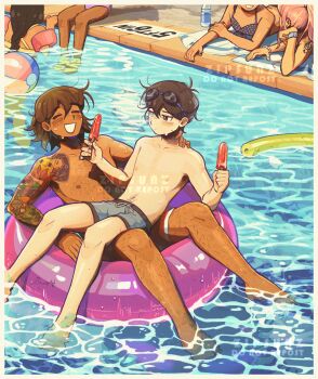 Rule 34 | 2boys, 4girls, arm tattoo, artist name, aubrey (faraway) (omori), aubrey (omori), barefoot, black eyes, black hair, blush, bright pupils, brown hair, closed eyes, collarbone, dark-skinned male, dark skin, food, highres, holding, holding food, holding popsicle, innertube, kel (faraway) (omori), kel (omori), long hair, looking at another, lying, male focus, male swimwear, multiple boys, multiple girls, navel, nipples, omori, on back, open mouth, pink hair, pool noodle, popsicle, smile, spoilers, sunny (omori), swim ring, swim trunks, tattoo, topless male, white pupils, zipsunz