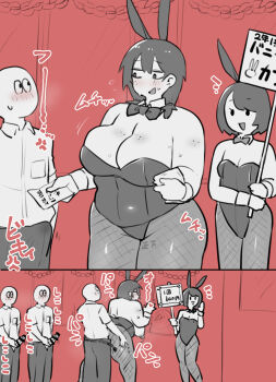2girls 3boys animal_ears body_freckles breasts cleavage doggystyle freckles greyscale hetero highres large_breasts medium_hair mob_face monochrome multiple_boys multiple_girls original playboy_bunny plump prostitution rabbit_ears red_background school_festival sex sex_from_behind siva-siva small_breasts spot_color