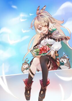 &gt;_&lt; 1girl 2others absurdres ahoge ankle_boots bag berry blue_sky boots brown_capelet brown_cloak brown_corset brown_eyes brown_hair capelet cloak cloud corset falling_feathers feather_hair_ornament feathers fingerless_gloves gloves hair_ornament hairclip half-closed_eyes highres hololive hololive_english hooman_(nanashi_mumei) kneehighs long_hair looking_down multiple_others nanashi_mumei nanashi_mumei_(1st_costume) paper_bag pleated_skirt ponytail red_skirt ribbon shirt single_kneehigh single_sock single_thighhigh sitting skirt sky smile socks teeth thighhighs upper_teeth_only very_long_hair virtual_youtuber weiiyxn white_shirt