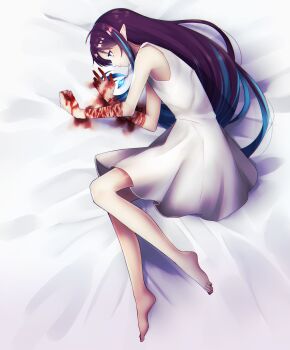 1girl absurdres barefoot blood blood_on_arm blood_on_hands blue_eyes blue_hair closed_mouth cuts dress female_focus from_side full_body highres implied_self-harm injury long_hair lying matching_hair/eyes multicolored_hair on_side original pointy_ears profile purple_hair sabinuma_meruti solo two-tone_hair very_long_hair white_dress