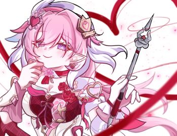 1girl beret breasts commentary diamond-shaped_pupils diamond_(shape) dress earrings elf elysia_(hi_love_elf)_(honkai_impact) elysia_(honkai_impact) gloves hat heart heart_earrings holding holding_phone holding_ribbon_baton honkai_(series) honkai_impact_3rd jewelry large_breasts long_hair multicolored_hair phone pink_hair pointy_ears purple_eyes red_dress saewon smile solo symbol-only_commentary symbol-shaped_pupils two-tone_hair upper_body very_long_hair white_background white_dress white_gloves white_hair