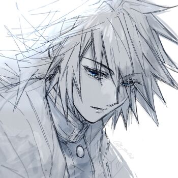 1boy blue_eyes demon_slayer_uniform empty_eyes g_yu0o0 greyscale hair_between_eyes haori high_collar highres jacket japanese_clothes kikkoumon kimetsu_no_yaiba long_hair looking_at_viewer low_ponytail male_focus monochrome partially_colored ponytail print_haori simple_background sketch solo spiked_hair tomioka_giyuu twitter_username upper_body white_background