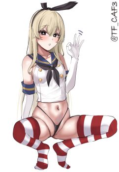 1girl absurdres animal_ear_hairband animal_ears black_eyes black_hairband black_neckerchief black_panties blonde_hair blue_sailor_collar blush cameltoe collarbone crop_top cropped_shirt double-parted_bangs elbow_gloves fake_animal_ears fellatio_gesture full_body gloves hair_between_eyes hairband hashtag-only_commentary highleg highleg_panties highres kantai_collection long_hair long_sidelocks looking_at_viewer motion_lines neckerchief one-hour_drawing_challenge open_mouth panties pussy rabbit_ear_hairband rabbit_ears red_thighhighs sailor_collar shimakaze_(kancolle) shirt sidelocks simple_background sleeveless sleeveless_shirt solo spread_legs squatting striped_clothes striped_thighhighs tf_cafe thighhighs tiptoes twitter_username underwear very_long_hair wedgie white_background white_gloves white_shirt