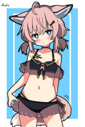 Rule 34 | 1girl, absurdres, animal ear fluff, animal ears, arknights, bikini, black bikini, blue background, blue eyes, border, bright pupils, brown hair, commentary request, cowboy shot, fox ears, fox girl, fox tail, hair ornament, hairclip, hendra, highres, inset border, looking at viewer, material growth, official alternate costume, oripathy lesion (arknights), short hair, short twintails, sidelocks, signature, simple background, solo, sussurro (arknights), sussurro (summer flower) (arknights), swimsuit, tail, twintails, white pupils