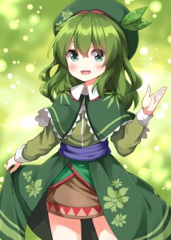 1girl :d blush capelet commentary_request cowboy_shot dress green_background green_capelet green_dress green_eyes green_hair green_hat green_theme hair_between_eyes hand_up hat highres long_hair long_sleeves looking_at_viewer open_mouth ruu_(tksymkw) seoi_ha skirt_hold smile solo touhou touhou_shizenyu