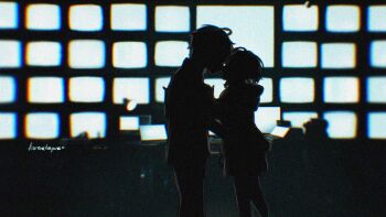 1boy 1girl artist_name belle_(zenless_zone_zero) brother_and_sister commentary computer crossed_bangs english_commentary faceless faceless_female faceless_male highres hood hooded_jacket imminent_hug imminent_kiss implied_incest jacket kurara_kagene monitor pixiv_username shirt siblings table twitter_username wise_(zenless_zone_zero) zenless_zone_zero