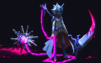 Rule 34 | 1boy, alien 888, antenna hair, armor, arms at sides, ball and chain (weapon), black background, black pants, blood, blood drip, blood drop, blood on face, blood on ground, blood splatter, bloody tears, blue armor, blue boots, blue hair, boots, chain, coat, colored sclera, facial mark, facing to the side, glowing, glowing weapon, green eyes, high contrast, highres, holding, holding chain, holding scythe, holster, injury, knee boots, looking at viewer, male focus, paint, paint splatter, paint splatter on face, pants, pink sclera, scar, scar across eye, scar on face, scythe, shirt, shoulder armor, sleeves past wrists, spiked ball and chain, spiked hair, tailcoat, thigh holster, untucked shirt, weapon, white coat, yu-gi-oh!, yu-gi-oh! go rush!!, yudias velgear